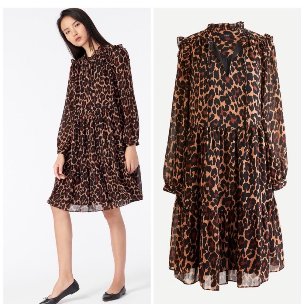 JCrew‎ Tie-neck tiered dress in leopard crinkle chiffon size S relaxed fit